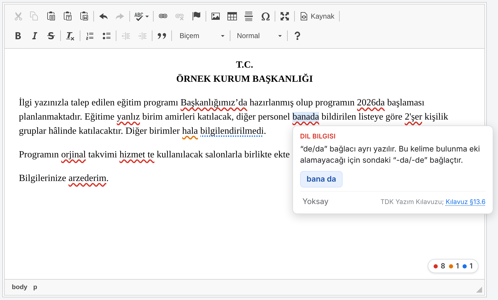 Editörde işaretlenen hatalar ve öneri balonu